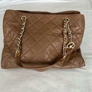 Michael Kors Quilted Leather Tote - Cognac, Gold Chain Shoulder Bag